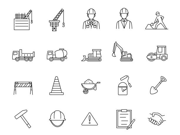 ilustraciones, imágenes clip art, dibujos animados e iconos de stock de ilustración de iconos de construcción - sector de la construcción