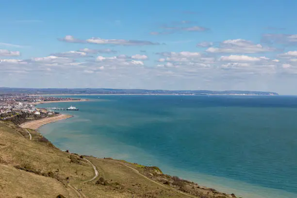 A view towards Eastbourne on the Sussex coast, on a sunny spring day