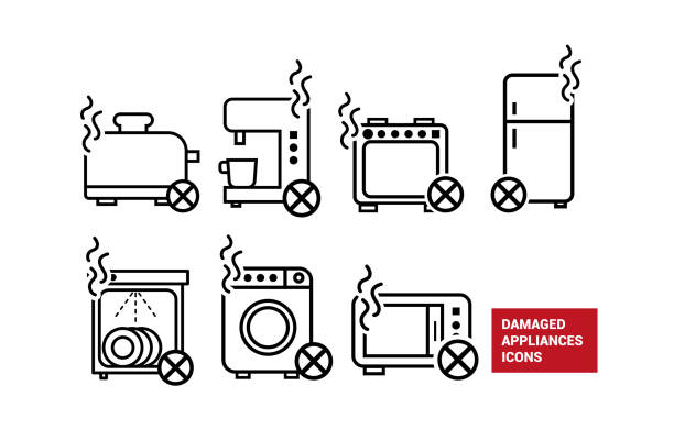 Different icons of broken home appliances Vector image. appliance repair stock illustrations