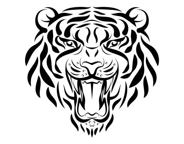 Vector illustration of roaring tiger mascot black and white