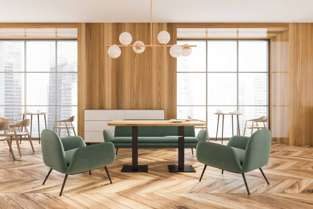 istock Wooden cafe interior with armchairs and table, open space restaurant 1316021628