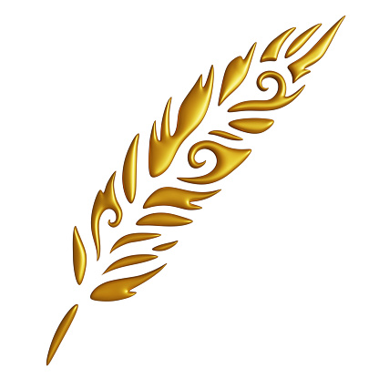 Beautiful 3d illustration with golden stylied feather shape isolated on the white background