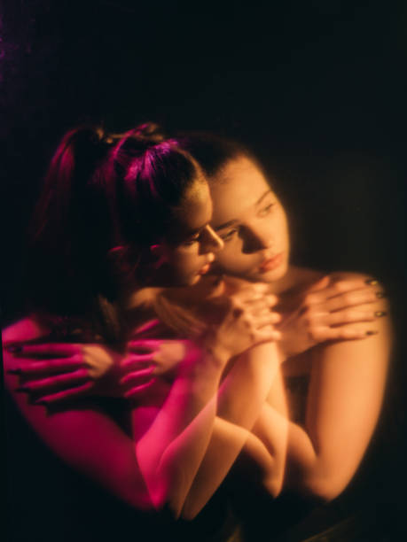 self love double exposure pensive woman on black