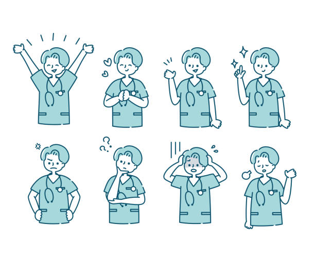 illustrations, cliparts, dessins animés et icônes de illustration émotive d’expression d’une infirmière mâle utilisant un gommage (haut du corps) - male nurse nurse scrubs white background