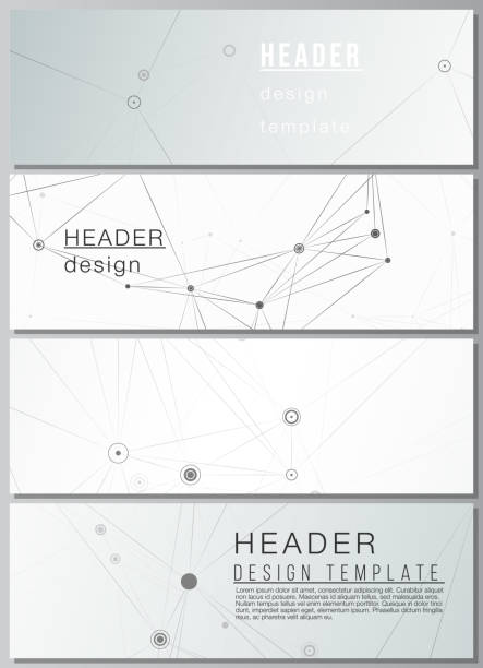 Vector layout of headers, banner templates for website footer design, horizontal flyer design, website header backgrounds. Gray technology background with connecting lines and dots. Network concept. Vector layout of headers, banner templates for website footer design, horizontal flyer design, website header backgrounds. Gray technology background with connecting lines and dots. Network concept header footer template stock illustrations