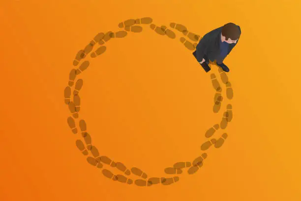 Vector illustration of A man walks in his footsteps and goes around in circles.