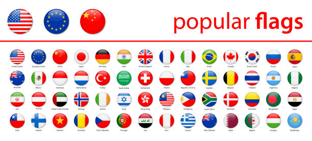 flagi świata - wektor okrągłe błyszczące ikony - najpopularniejsze - japan spain stock illustrations