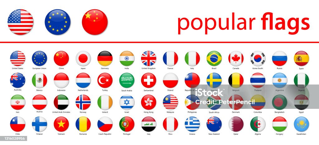 Мировые флаги - Вектор круглые глянцевые иконы - Самые популярные - Векторная графика Круг роялти-фри