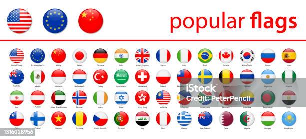 Мировые Флаги Вектор Круглые Глянцевые Иконы Самые Популярные — стоковая векторная графика и другие изображения на тему Круг