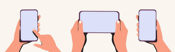 Human hands hold horizontally mobile phone with blank screen. Females arm is touching smartphone display with thumb. Human hands hold horizontally mobile phone with blank screen. Females arm is touching smartphone display with thumb finger. Flat colorful cartoon vector illustration. Smartphone template, mockup ipad hand stock illustrations