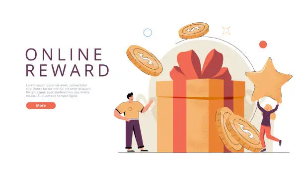 Vector illustration of People Characters Receiving Online Reward. Woman and Man Standing near Gift Box and Collecting Cash Back Bonuses.