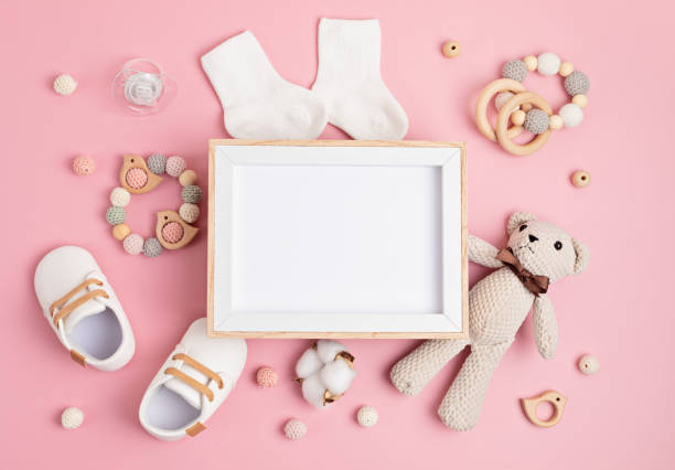 istock Mockup of empty frame with eco friendly baby accessories 1316029636
