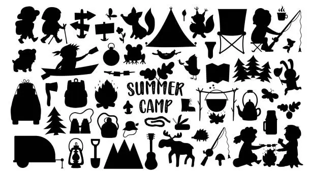 Vector illustration of Vector summer camp silhouettes set. Camping, hiking, fishing equipment black and white collection with cute kids and forest animals. Outdoor nature tourism stamps pack with backpack, van, fire