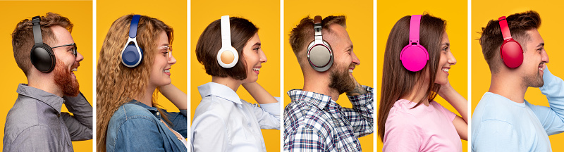 Collage of male and female profiles wearing multicolored headphones and listening happily to music on yellow background