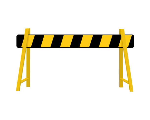 Road barrier. Striped traffic obstacle isolated on white background. Work zone safety on highway construction. Warning sign. Vector cartoon illustration Road barrier. Striped traffic obstacle isolated on white background. Work zone safety on highway construction. Warning under construction sign. Vector cartoon illustration. hurdle stock illustrations