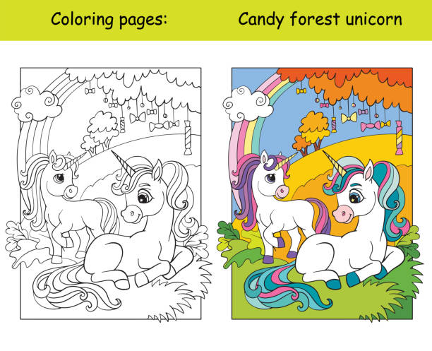Cute unicorns in the autumn forest coloring Cute unicorns in the autumn forest. Coloring book page for children with colorful template. Vector cartoon isolated illustration. For coloring book, education, print, game, decor, puzzle, design unicorn coloring pages stock illustrations