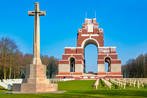 Shot of the Franco-British memorial which is a memorial to the First World War, dedicated to the British soldiers who disappeared during the Battle of the Somme where the names of 72,244 missing soldiers are engraved on the pillars of the arch, at 18/135, 200 iso, f 16, 1/160 second