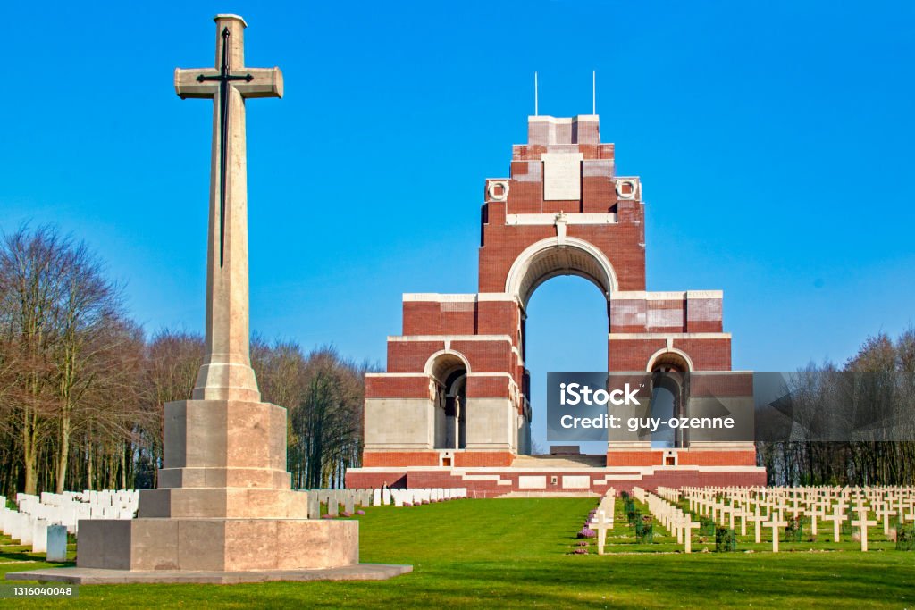 Mr. Thiepval. Franco-British Memorial, Somme, Picardy. Hauts-de-France Shot of the Franco-British memorial which is a memorial to the First World War, dedicated to the British soldiers who disappeared during the Battle of the Somme where the names of 72,244 missing soldiers are engraved on the pillars of the arch, at 18/135, 200 iso, f 16, 1/160 second Thiepval Stock Photo