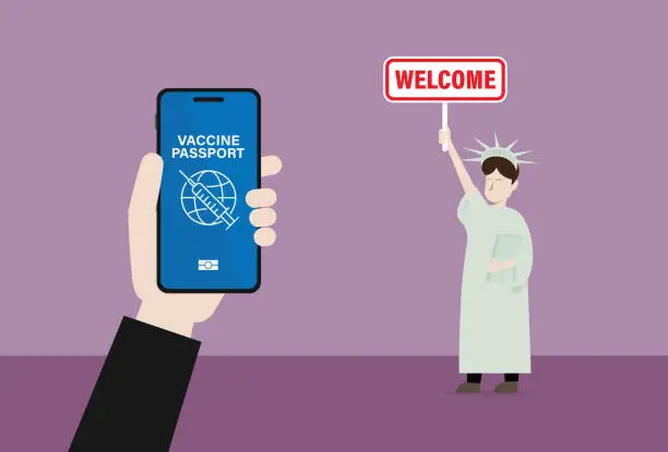 Vector illustration of The Statue of Liberty holds a welcome sign for a tourist who has a vaccine passport