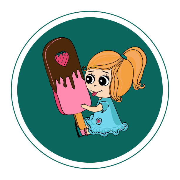 Little girl eats ice cream on a stick. Little girl eats ice cream on a stick. Little cartoon girl licks melting strawberry ice cream on a stick. Vector hand drawing doodle. melting girl stock illustrations