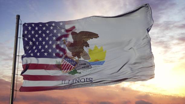 Illinois and USA flag on flagpole. USA and Illinois Mixed Flag waving in wind. 3d rendering Illinois and USA flag on flagpole. USA and Illinois Mixed Flag waving in wind. 3d rendering. springfield new jersey stock pictures, royalty-free photos & images