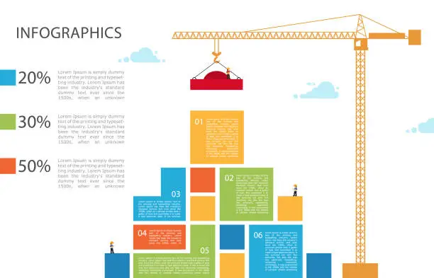 Vector illustration of Tower crane builds building. Infographic Concept of building business.