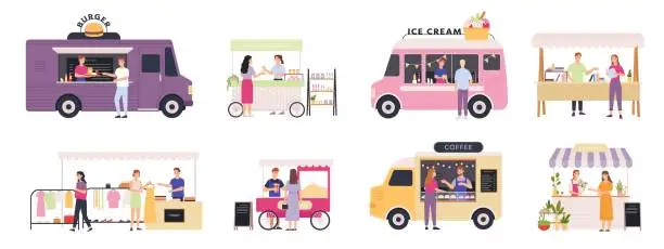 Vector illustration of Kiosk vendor. Street tent, cart and truck sell fast food, books, clothes and flowers. Outdoor market with merchants and customers vector set