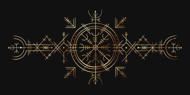 ilustraciones, imágenes clip art, dibujos animados e iconos de stock de símbolo mágico vikingo. adorno esotérico dorado, amuleto de brújula nórdica. runa de hechizos paganos nórdicos para tatuajes. patrón vectorial del círculo de oro oculto - symbol religion spirituality image