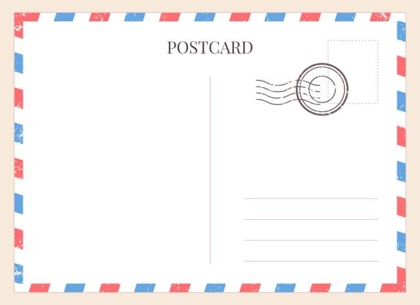 Postcard template. Paper blank postal card backside with stamp and striped frame. Empty vintage mail white letter for message vector mockup Postcard template. Paper blank postal card backside with stamp and striped frame. Empty vintage mail white letter for message vector mockup. Lines for text message, mail correspondence postcard blank stock illustrations