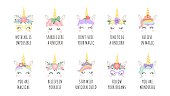 Unicorn quotes. Magic fairy horse with horn faces and motivational phrase. Girl print with slogan follow your dreams and believe vector set