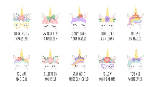Unicorn quotes. Magic fairy horse with horn faces and motivational phrase. Girl print with slogan follow your dreams and believe vector set Unicorn quotes. Magic fairy horse with horn faces and motivational phrase. Girl print with slogan follow your dreams and believe vector set. Believe in yourself, magic. Cure creatures with flowers unicorn stock illustrations