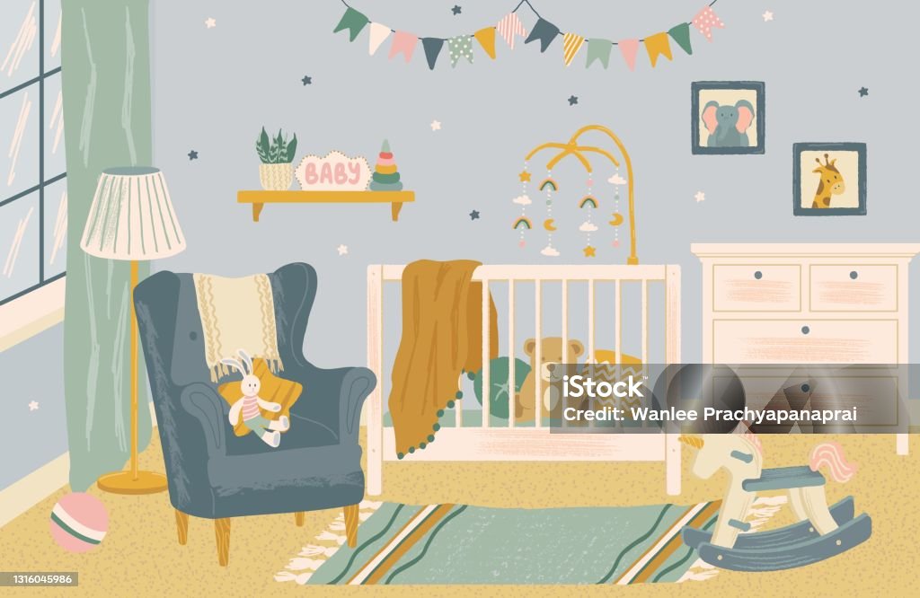 Nursery Room Interior Hand Drawn Vector Illustration Home Modern ...