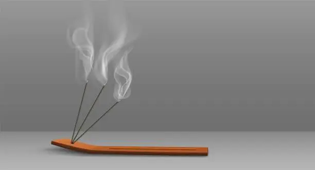 Vector illustration of Aroma sticks incense with realistic smoke 3d vector illustration. Aroma stick on wooden stand isolated on transparent background. Aromatherapy and meditation