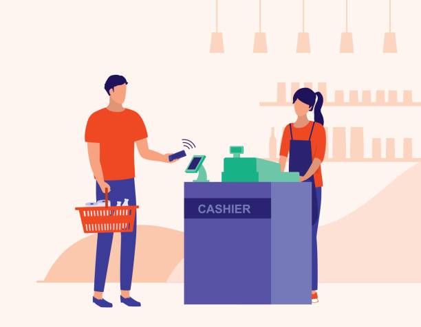 Man Paying Contactless Using His Mobile Phone At The Cashier Counter. Contactless Payment Concept. Vector Illustration Flat Cartoon. Male Customer Making Payment With His Smartphone At The Supermarket. retail clerk illustrations stock illustrations