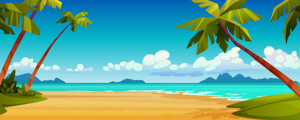 istock Cartoon summer beach, ocean or sea shore, paradise with yellow sand, palm and blue tranquil water. Vector landscape scenery, tourist holiday vacation place for rest. Seaside seashore, tropical trees 1316046502