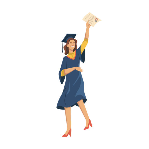 女學生慶祝  大學畢業孤立平面卡通人物。向量女孩在學術禮服，砂漿板帽，高跟鞋，文憑教育證書在手。快樂的女性 - 文憑 插圖 幅插畫檔、美工圖案、卡通及圖標
