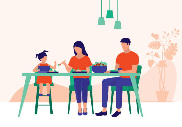 Little Girl Addicted To Her Tablet During Mealtime And Refuses To Eat. Screen time addiction Concept. Vector Flat Cartoon Illustration. Mother Encouraging Her Daughter To Eat Her Food. high chair stock illustrations