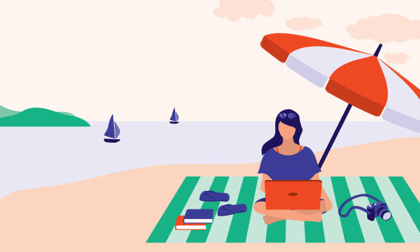 Woman Working On Laptop At The Beach. Digital Nomad Concept. Vector Illustration Flat Cartoon. Young Female Blogger Doing Freelance Work While Traveling. beach holidays stock illustrations