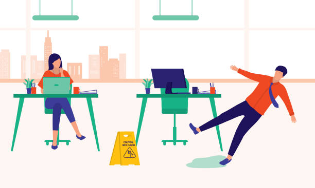 Man Slipping On A Wet Floor At Office. Workplace Injury Concept. Vector Flat Cartoon Illustration. Worker Fell On The Floor. greasy water stock illustrations