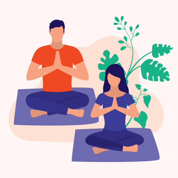 illustrazioni stock, clip art, cartoni animati e icone di tendenza di coppia che fa yoga in lotus pose. concetto di fitness. illustrazione vettoriale cartone animato piatto. - posing