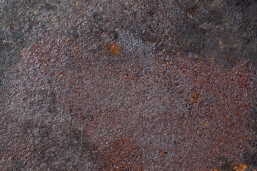 Rust and soot with carbon deposits on the bottom of an old cast iron skillet. Dark textured metal surface