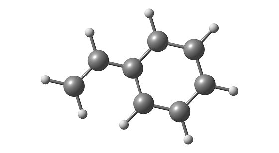 Styrene is an organic compound with the chemical formula C6H5CH-CH2. This derivative of benzene is a colorless oily liquid, although aged samples can appear yellowish. 3d illustration