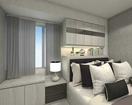 Headboard Storage Cabinet In Modern Style With Shelving Racks Display For Interior Bedroom. 3d rendering, 3d illustration.