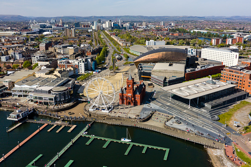 Aerial view of the landmarks of Cardiff Bay, Wales including the Welsh Parliament and Pierhead