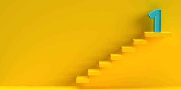 istock Efficient climbing ladder blocks in yellow with blue number one on top and copy space 1316051739