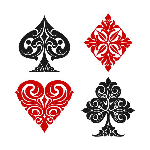 Playing card elegant suits colorful set Playing card elegant suits colorful set in vintage style isolated vector illustration hearts playing card illustrations stock illustrations