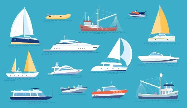 Vector illustration of Yachts and sailboats. Small sea transport, motorboat and fishing ship. Flat marine regatta boat, ocean vessel with sail or motor, vector set