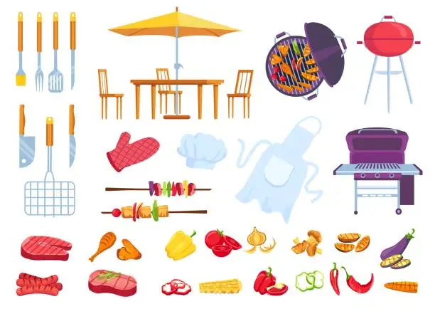 Vector illustration of Bbq picnic food. Barbecue cooking steak, meat, fish and chicken. Cook apron, spatula, fork and knife. Cartoon summer grill party vector set