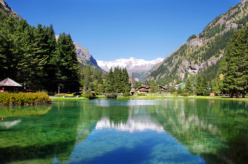 Panoramic view of Lake Gover between the mountains of Valle d'Aosta, Gressoney-Saint-Jean, Valle d'Aosta, Italy