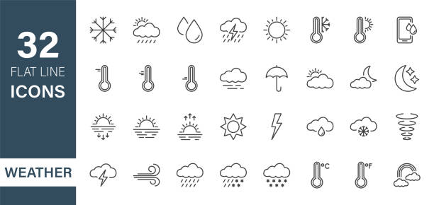 illustrations, cliparts, dessins animés et icônes de ensemble d’icônes weather line. météo prévisions graphiques éléments graphiques. météorologie. température, soleil, nuage, pluie, neige, vent, arc-en-ciel, coucher de soleil, lever de soleil, atmosphère. coup modifiable. illustration vectoriell - storm cloud storm lightning cloud